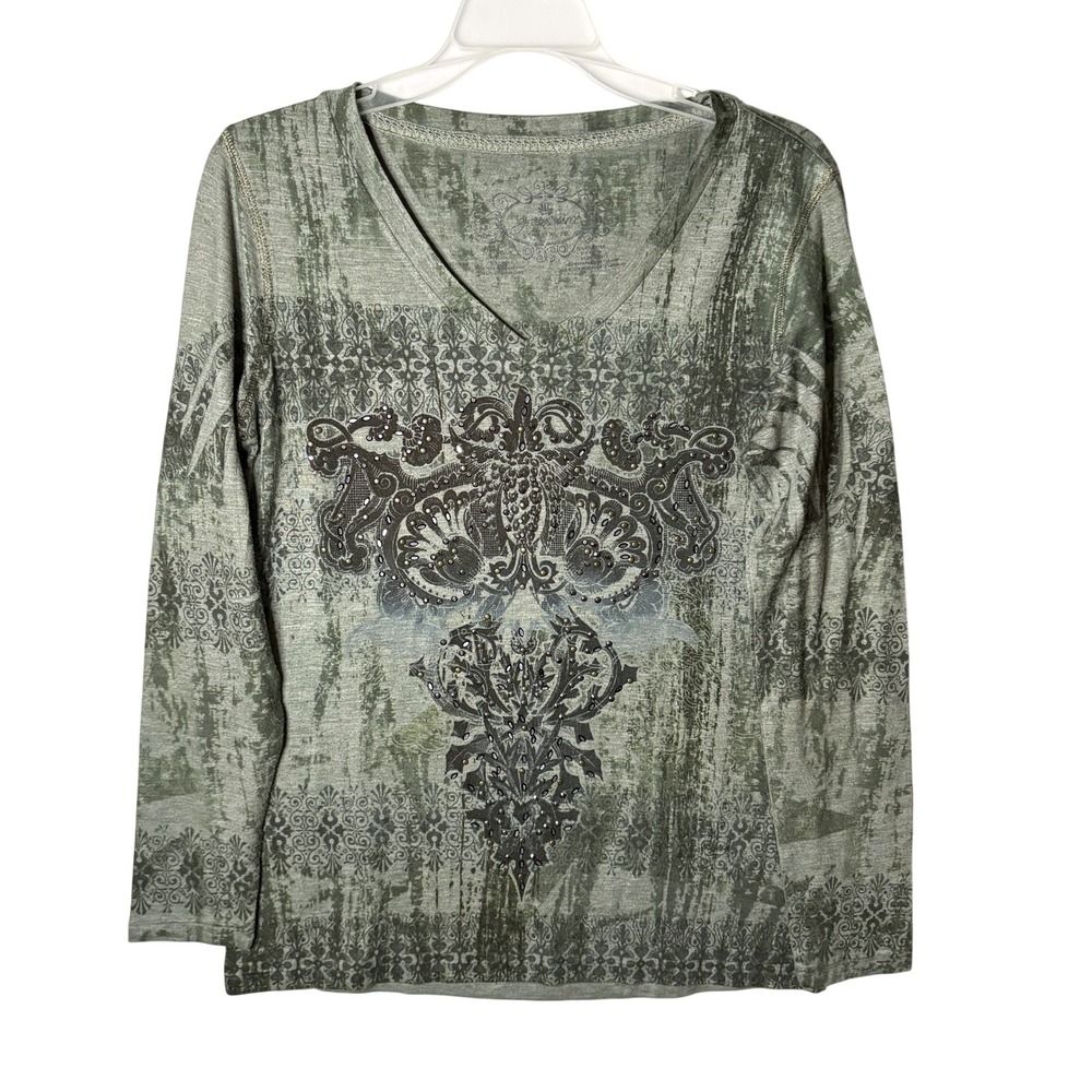 Y2K Rhinestone Graphic Tee Womens M Green Burnout Grunge Sleaze Greensource